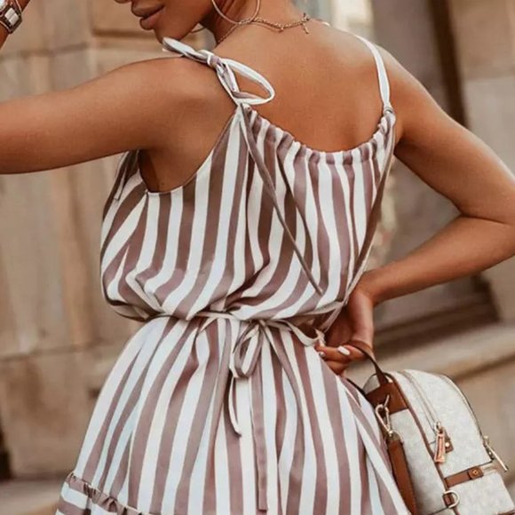 Brown Stripe Tie Straps Dress - Picture 2 of 10